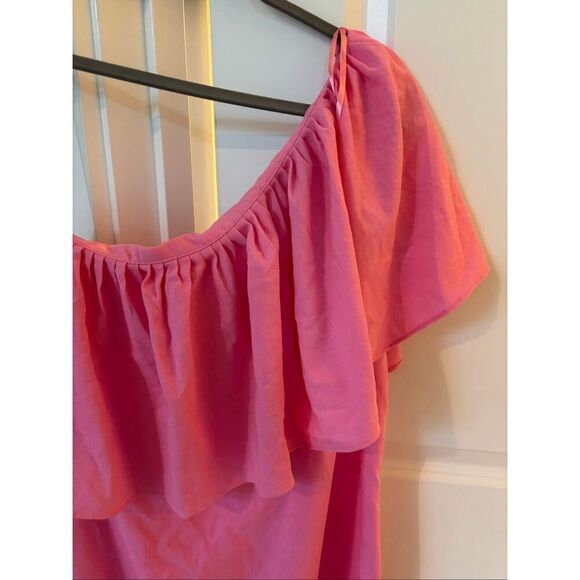 NWOT Pomander Place Flamingo Pink Florencia linen One Shoulder Dress, Small $168 - Picture 4 of 8
